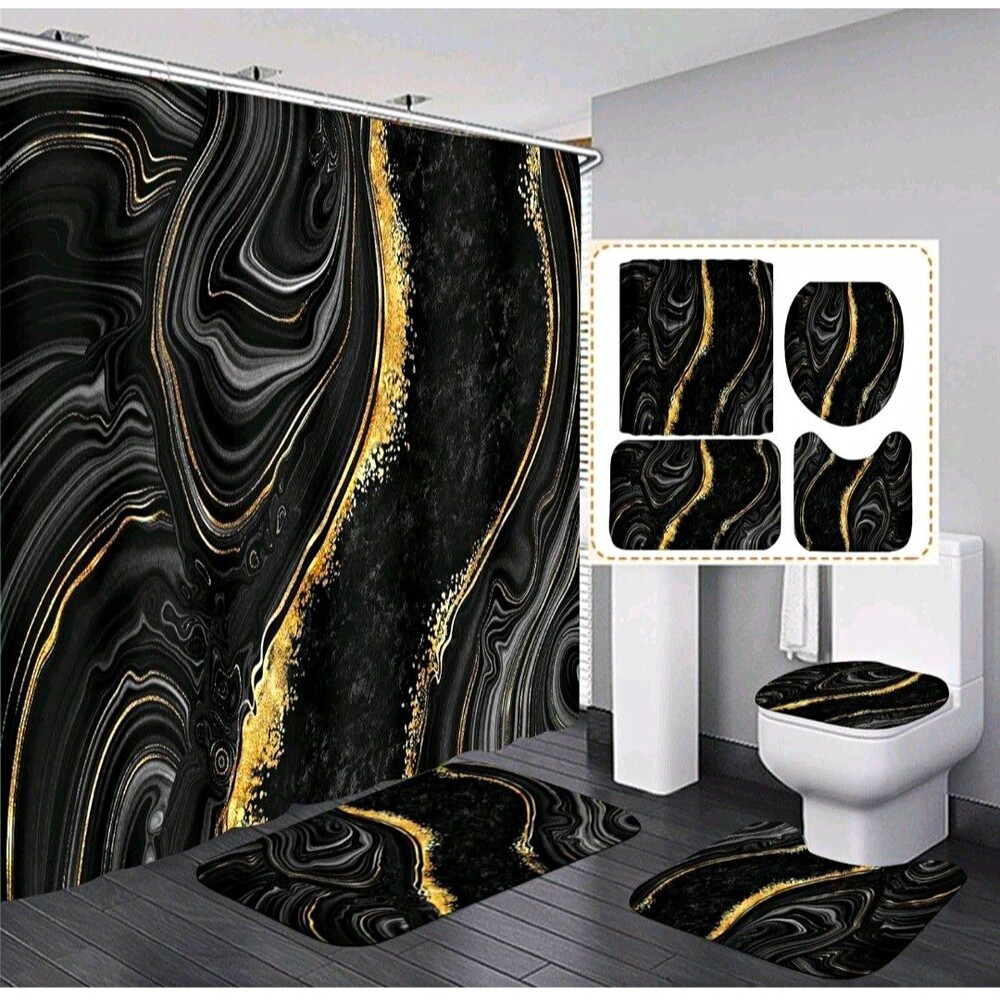 Black/Gold Marbled Shower Curtain Set Waterproof 70.8x70.8 12 Hooks